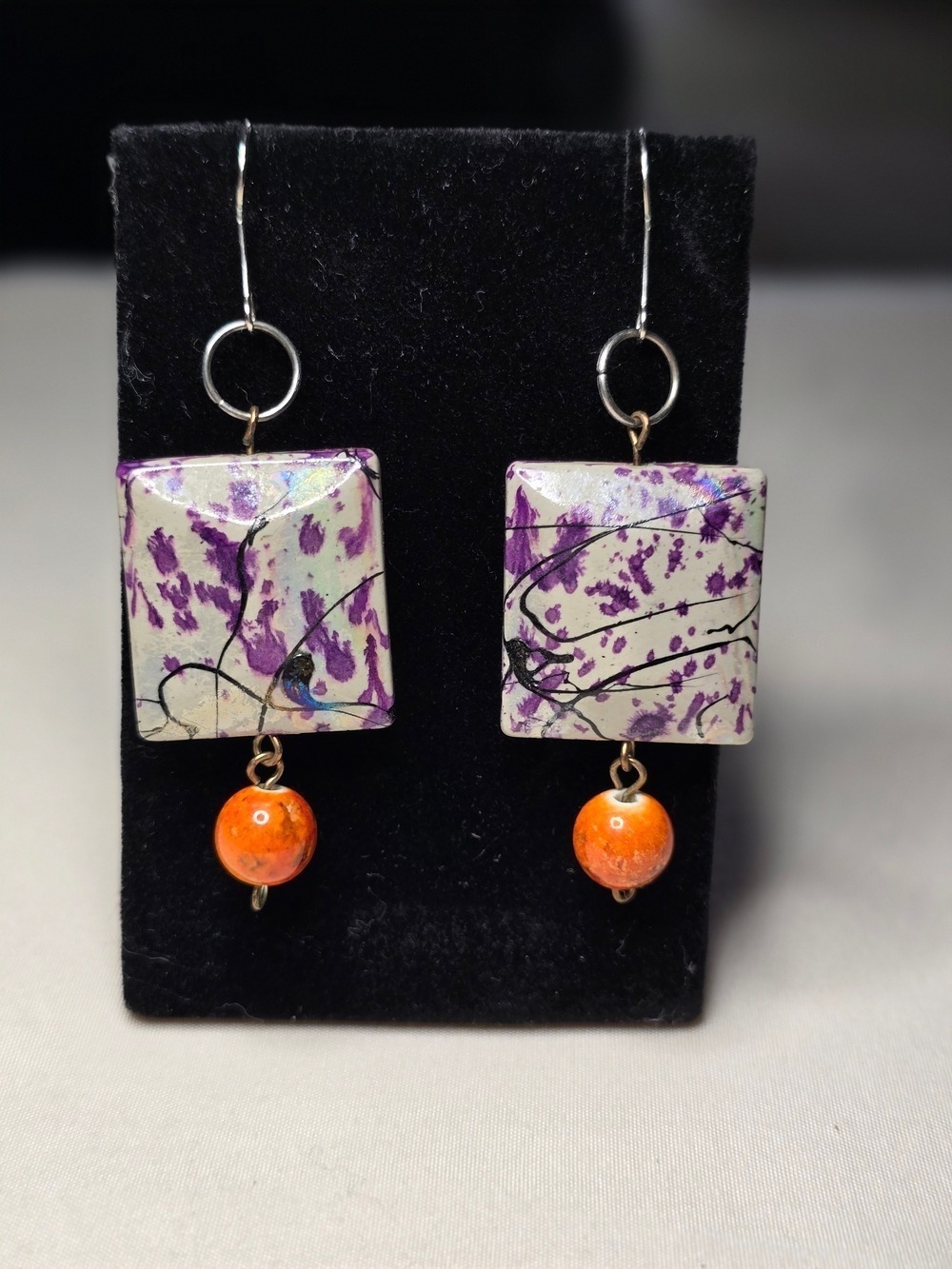 Handmade Purple Dangle Earrings with Orange Beads